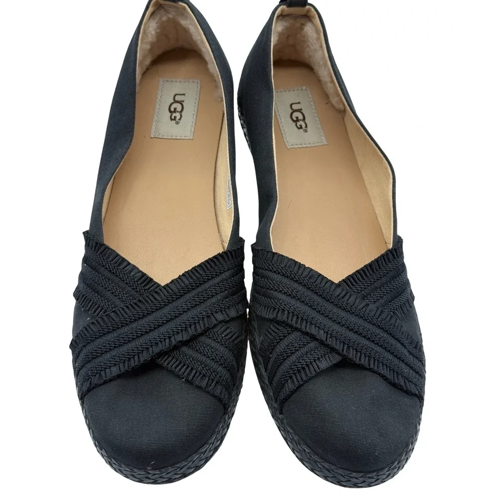 UGG Espadrille Flats Women Size 11 Black Canvas Criss Cross Slip On Casual Shoes